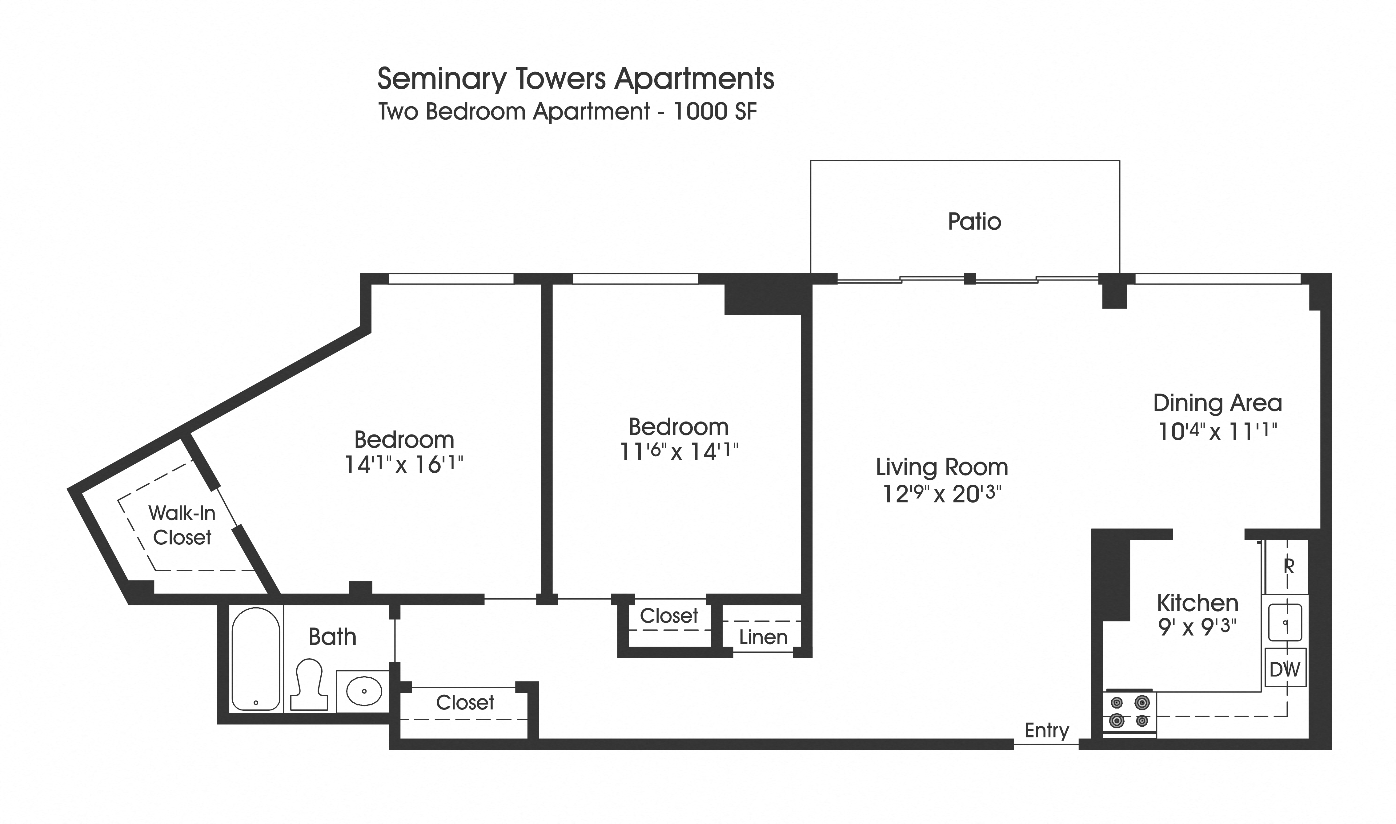 Floor plan for 2 beds, 1 bath, 1000 sqft